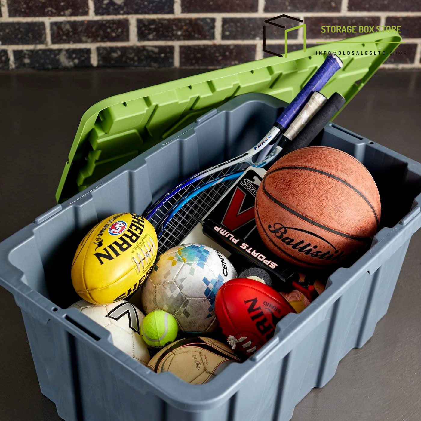 All Set 100L Grey And Green Heavy Duty Storage Container With Flat Lid
