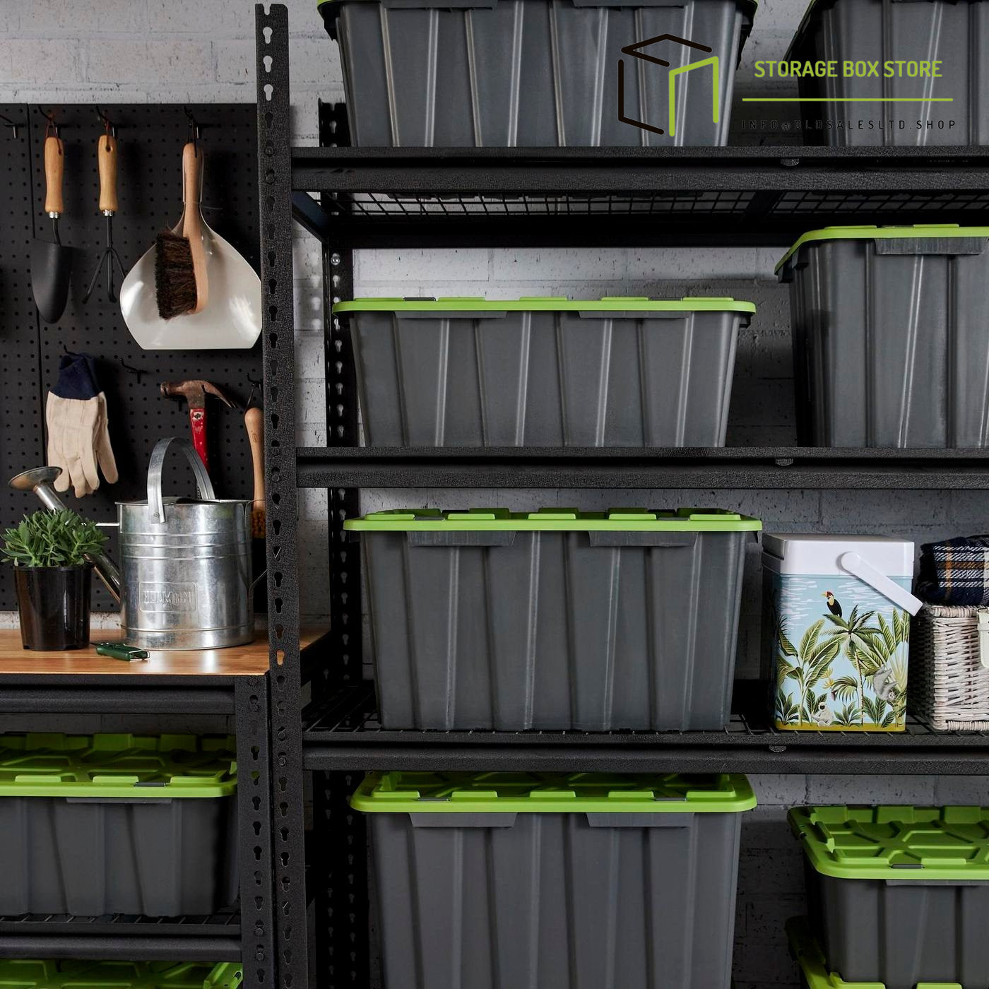 All Set 100L Grey And Green Heavy Duty Storage Container With Flat Lid